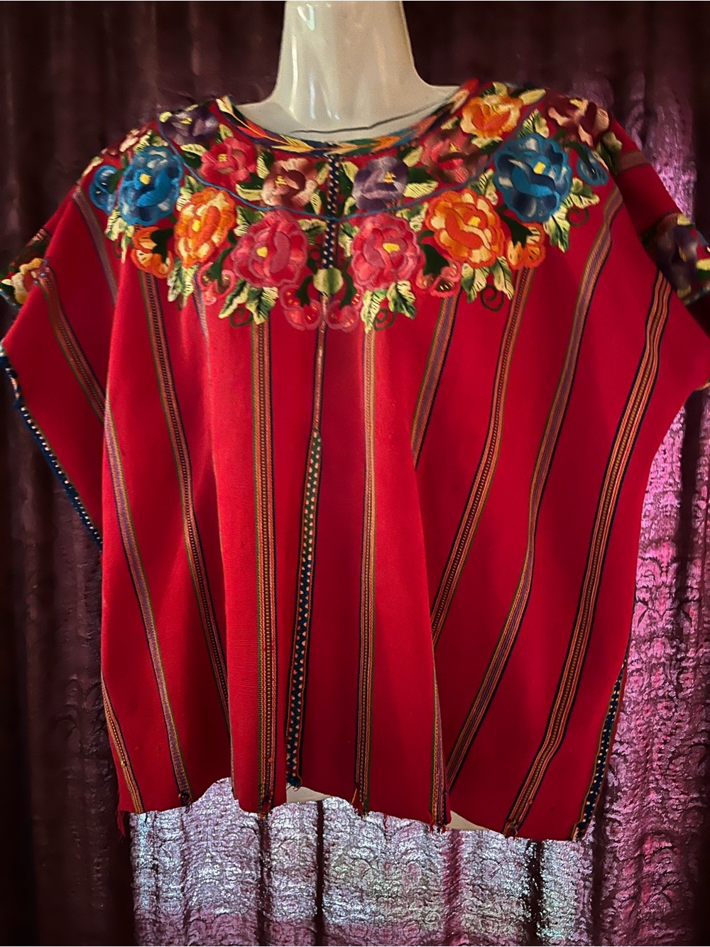 Hand-Embroidered Red Floral Yoke Tunic Top